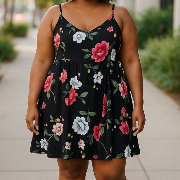 Old Navy | Fit & Flare‎ Cami Black Floral Dress Plus Size 4X Adjustable Straps - Picture 1 of 7